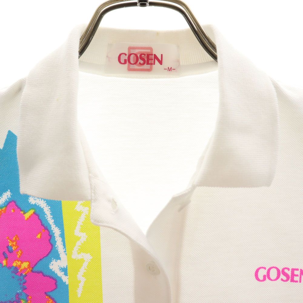 ゴーセン 日本製 プリント テニス 半袖 ウェア M ホワイト GOSEN ポロシャツ 鹿の子地 レディース