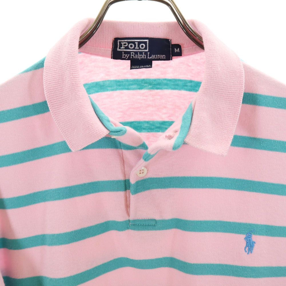 ポロバイラルフローレン USA製 ボーダー柄 半袖 ハーフボタン ポロシャツ M ピンク Polo by Ralph Lauren メンズ