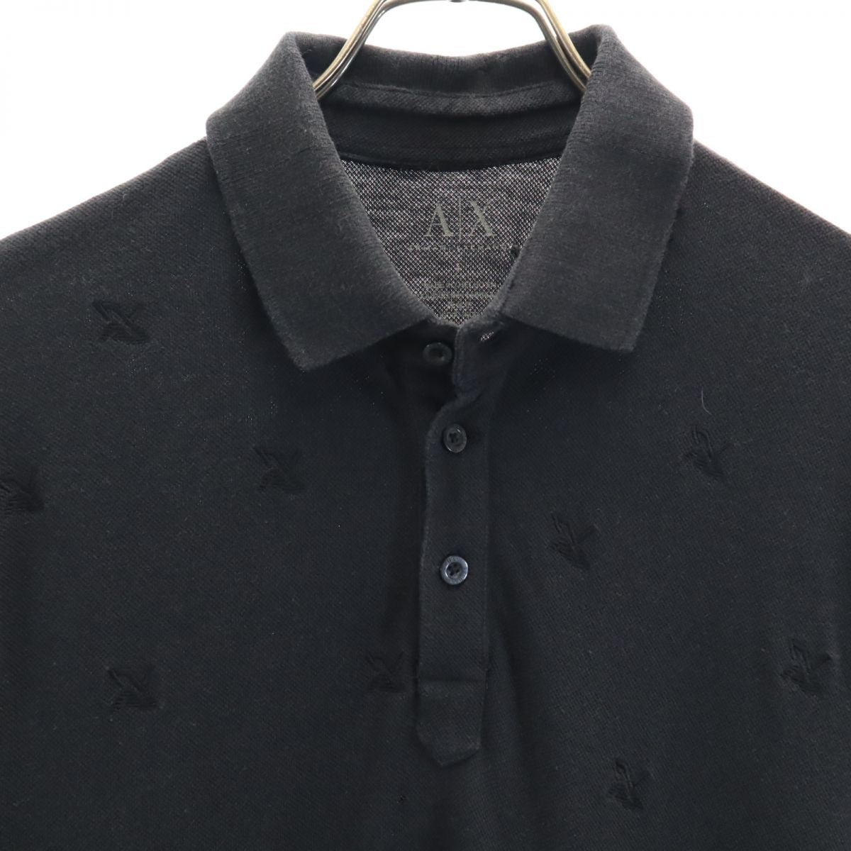 ARMANI EXCHANGE アルマーニエクスチェンジ 総柄 半袖 ポロシャツ L ブラック 鹿の子地 ロゴ 刺繍 メンズ