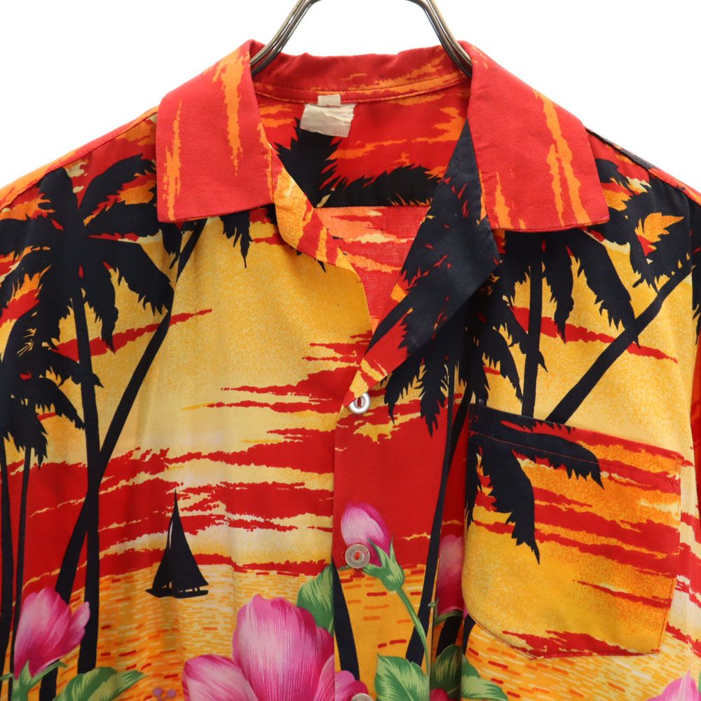 ハイビスカス柄 半袖 オープンカラー アロハシャツ L レッド メンズ