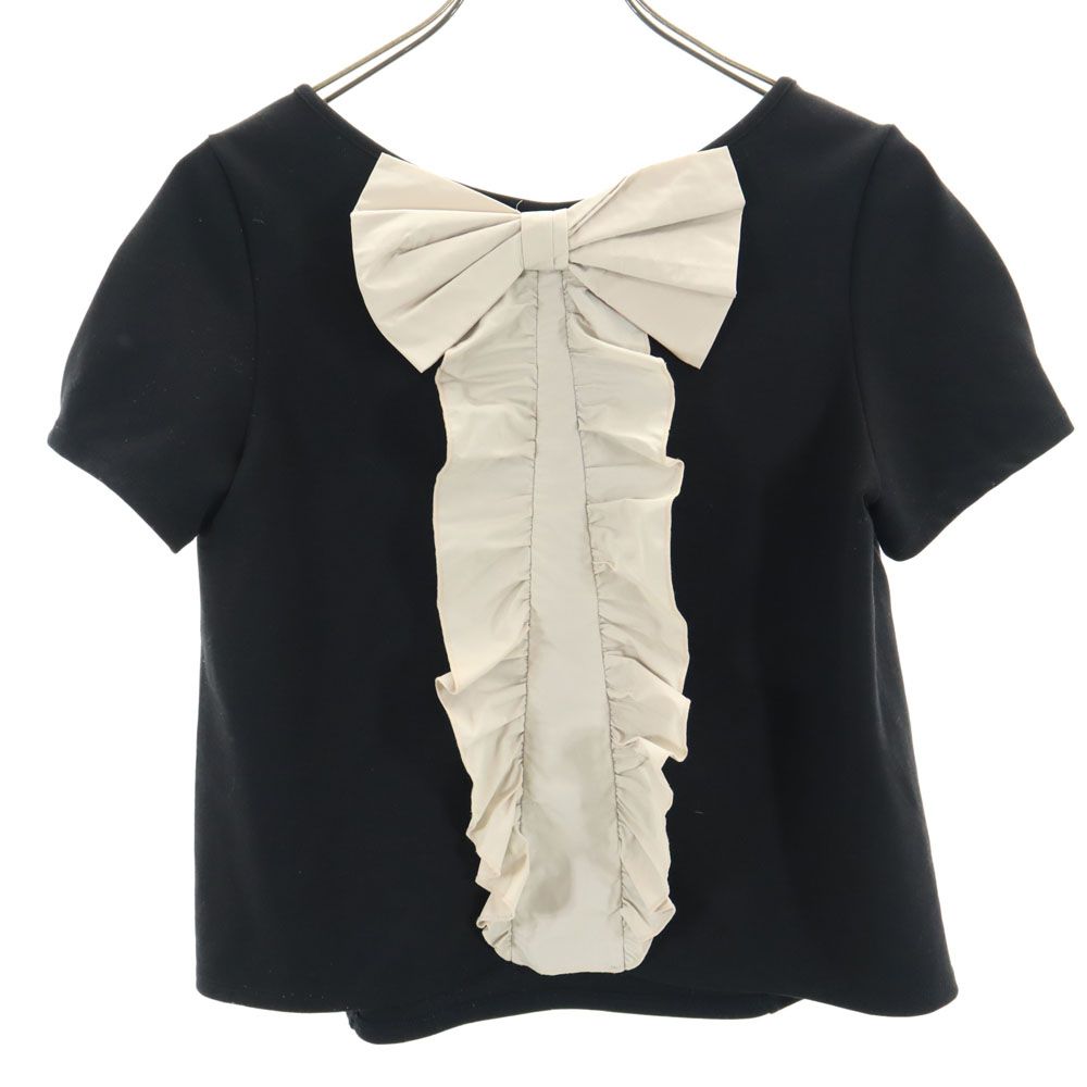 LANVIN en Bleu ランバンオンブルー 日本製 半袖 ショート丈 Tシャツ 38 ブラック フリル リボン レディース
