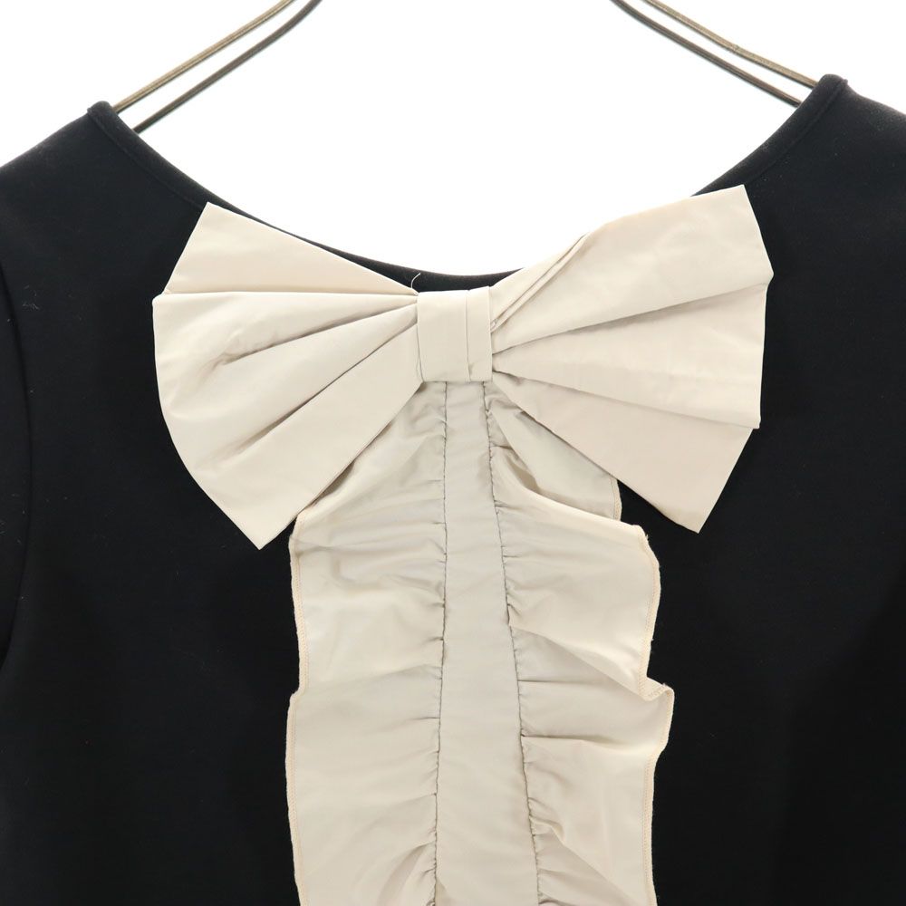 LANVIN en Bleu ランバンオンブルー 日本製 半袖 ショート丈 Tシャツ 38 ブラック フリル リボン レディース