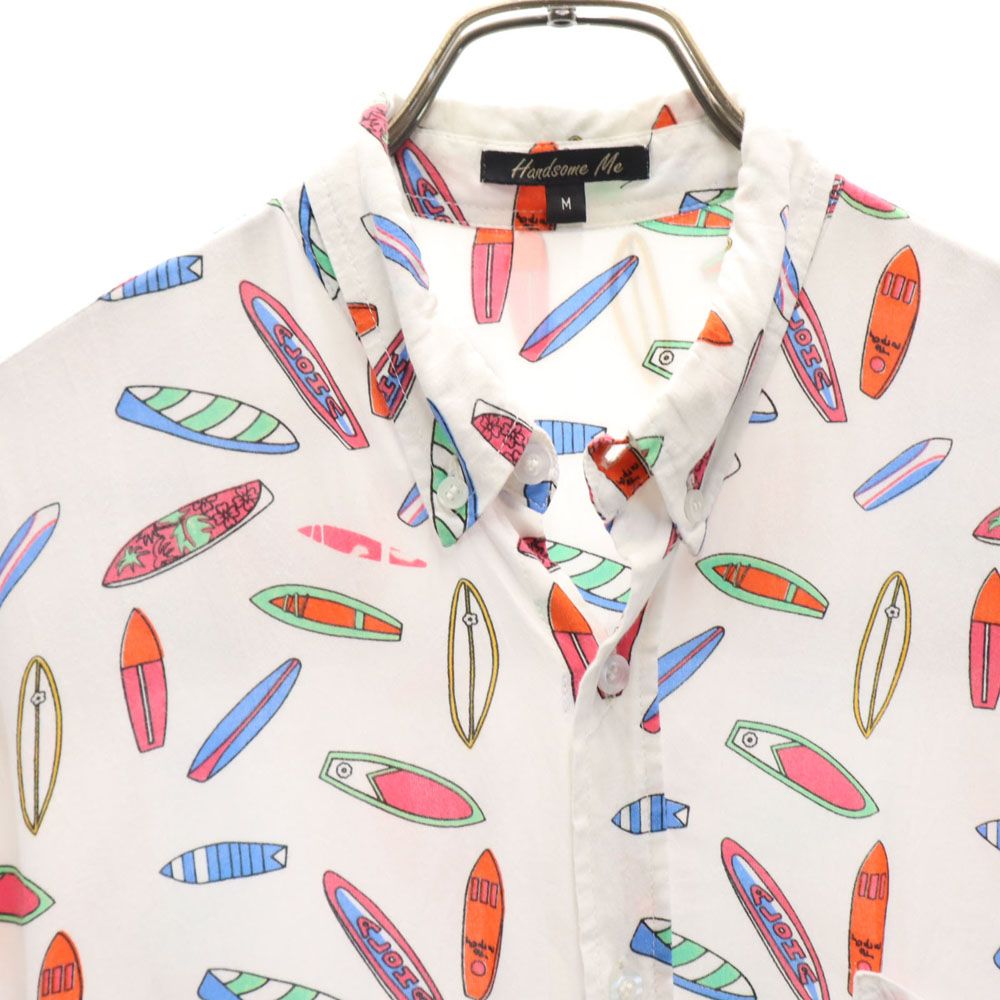 Handsome Me 総柄 半袖 ボタンダウンシャツ M 白系 メンズ