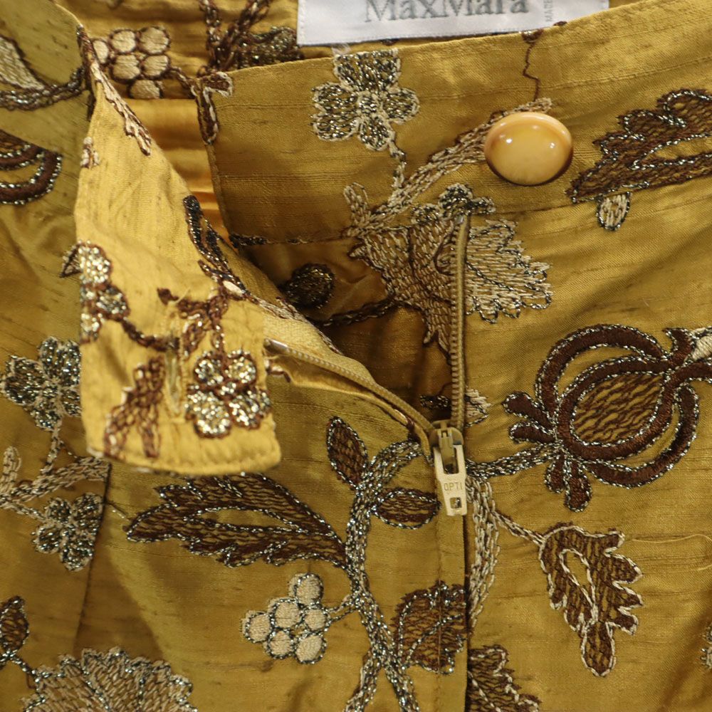 MAX MARA マックスマーラ イタリア製 シルクブレンド 総柄 半袖 オールド ヴィンテージ スカートスーツ 上下 セットアップ 42 ゴールド バックジップ レディース