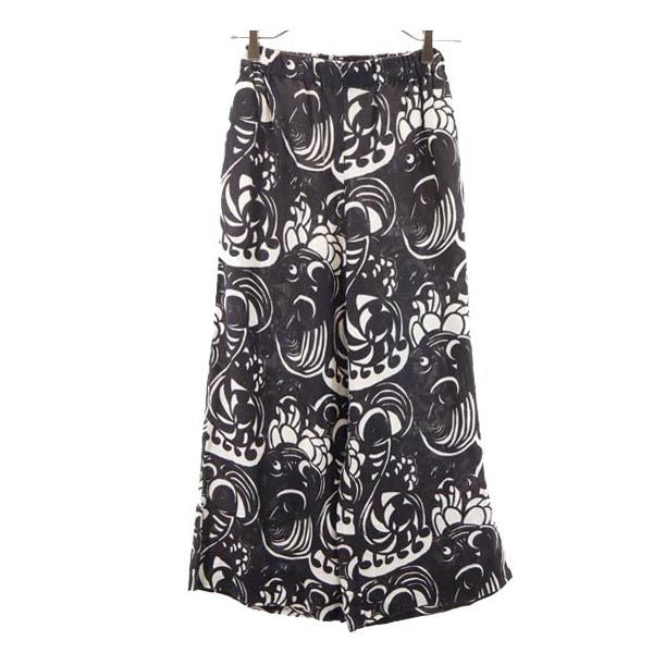 marimekko マリメッコ リネン 総柄 パンツ 34 ブラック ウエストゴム レディース