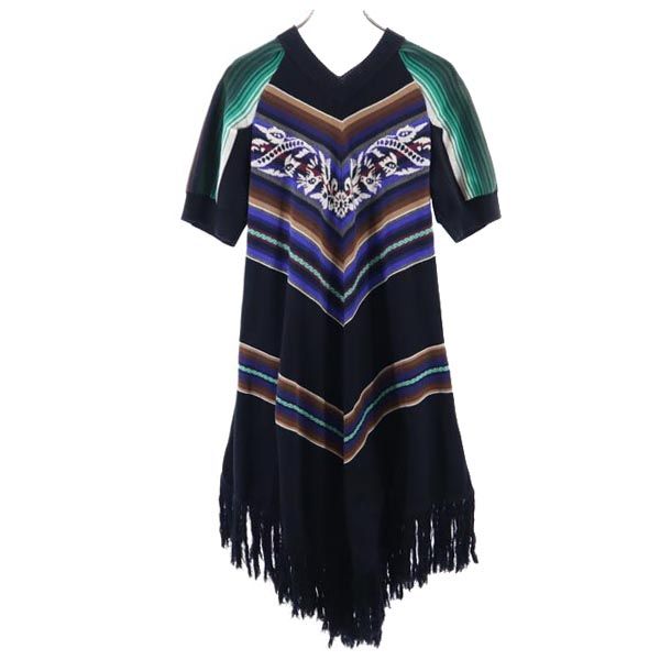 sacai luck サカイラック 総柄 半袖 ニットポンチョ ワンピース 黒×茶×青 ニーレングスドレス レディース