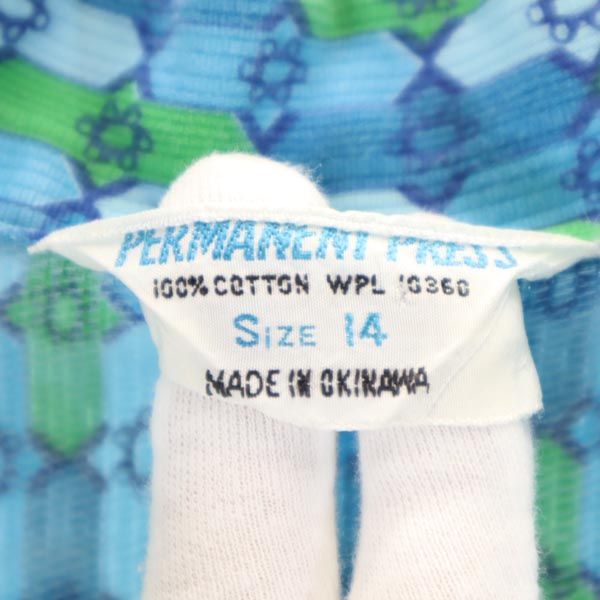 PERMANENT PRESS パーマネントプレス ヴィンテージ 総柄 長袖 シャツ ワンピース 14 ブルー×グリーン レディース