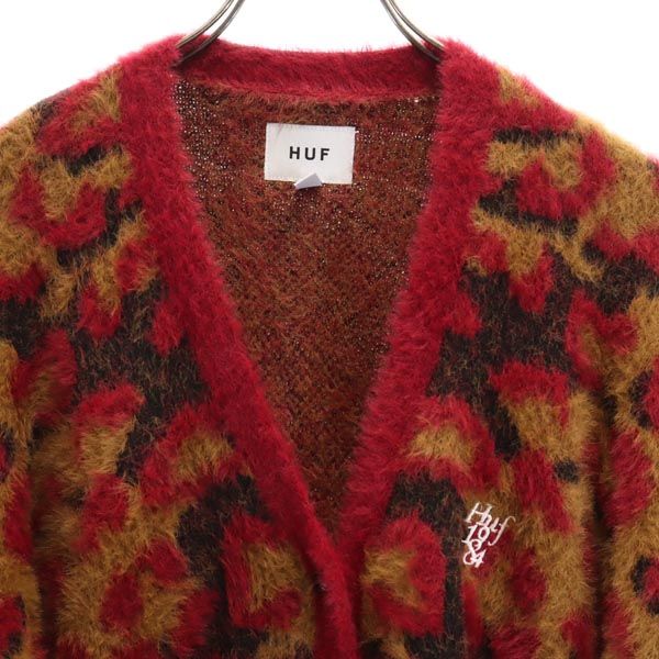 HUF ハフ 総柄 長袖 シャギー ロング カーディガン S レッド系 レディース