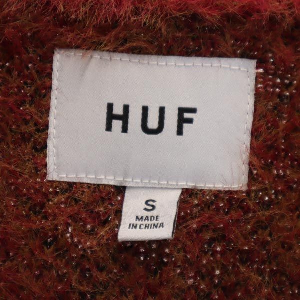 HUF ハフ 総柄 長袖 シャギー ロング カーディガン S レッド系 レディース