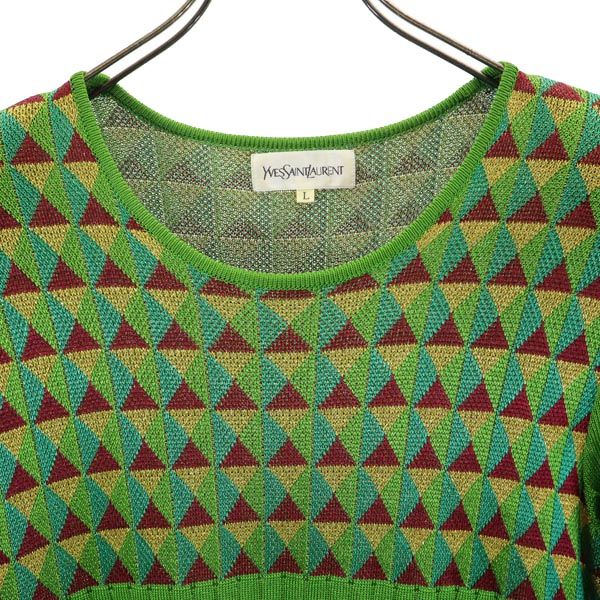 イヴサンローラン 半袖 ニット ワンピース L グリーン系 YVES SAINT LAURENT レディース