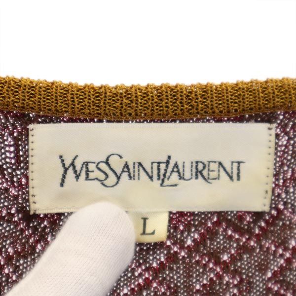 イヴサンローラン 総柄 半袖 ニット ワンピース L レッド×ブラウン YVES SAINT LAURENT レディース