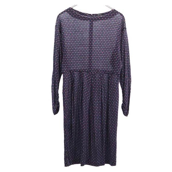 Aquascutum アクアスキュータム 日本製 総柄 長袖 ワンピース ネイビー系 バックジップ レディース