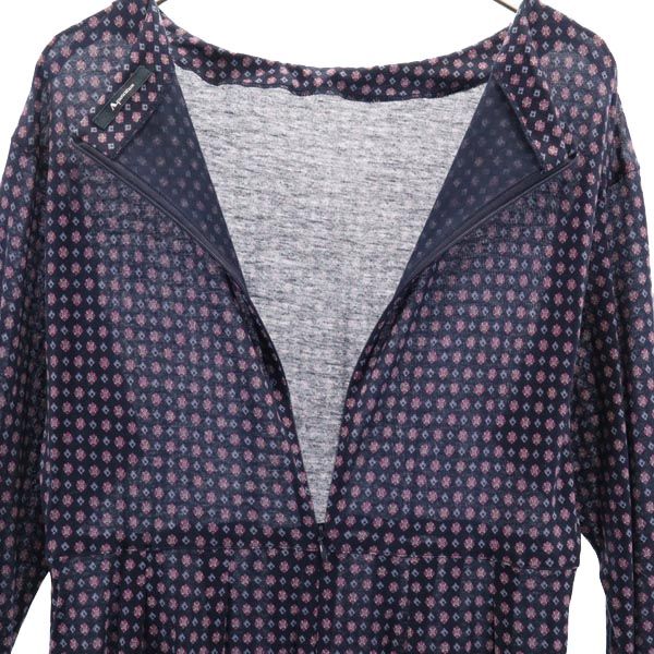 Aquascutum アクアスキュータム 日本製 総柄 長袖 ワンピース ネイビー系 バックジップ レディース