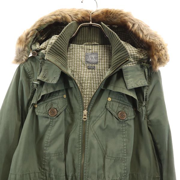 ARMANI EXCHANGE アルマーニエクスチェンジ ミリタリー フェイクファー モッズコート Ｌ カーキ系 レディース