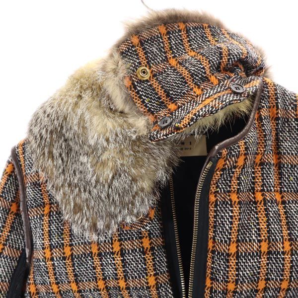 MARNI マルニ イタリア製 チェック柄 2way 襟ファー付き ニット 切替 ダウンコート 40 オレンジ系 ノーカラー レディース