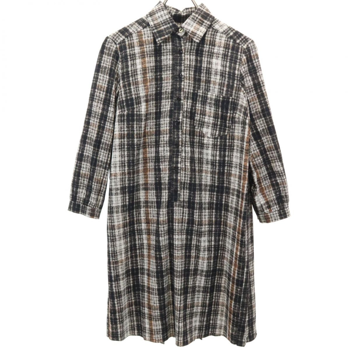 MAX&CO マックスアンドコー チェック柄 7分袖 バックプリーツ シャツワンピース 38 黒系 レディース