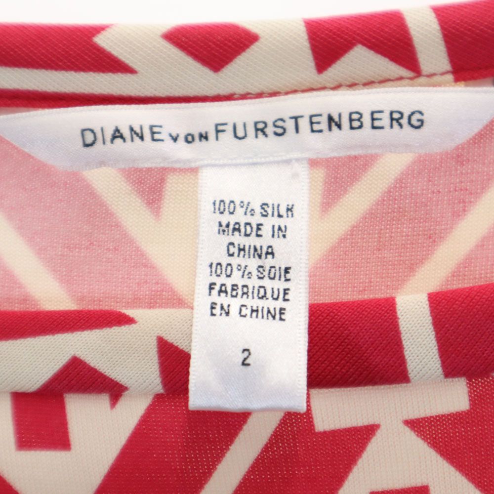 ダイアンフォンファステンバーグ シルク100％ 総柄 半袖 膝丈ワンピース 2 ピンク系 DIANE VON FURSTENBERG フレンチスリーブ レディース