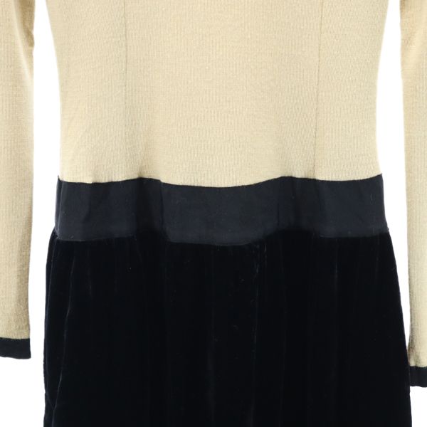 Rene ルネ ウール 長袖 ベロア切替 フレア ワンピース 34 ベージュ×ブラック クルーネック レディース