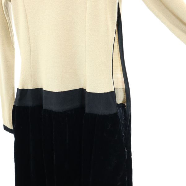 Rene ルネ ウール 長袖 ベロア切替 フレア ワンピース 34 ベージュ×ブラック クルーネック レディース