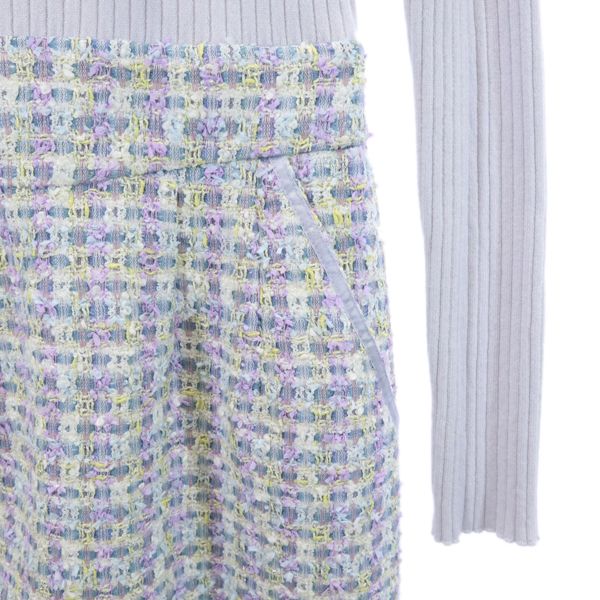 未使用 Debut de Fiore デビュードフィオレ チェック柄 長袖 リブニット ドッキング ワンピース 36 パープル系 リボン衿 レディース