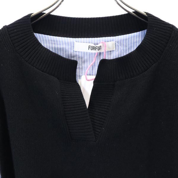 未使用 furfur ファーファー ストライプ 長袖 ニット切替 ワンピース F 黒×ブルー レディース