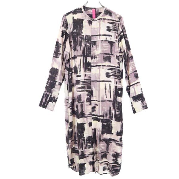 Yohji Yamamoto ヨウジヤマモト 日本製 総柄 長袖 ワンピース 1 ベージュ×黒×紫 レディース