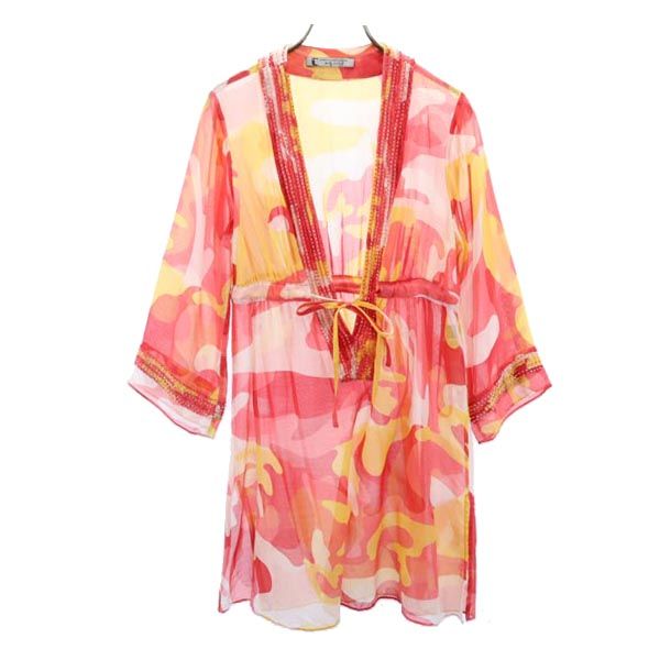 DIANE VON FURSTENBERG ダイアンフォンファステンバーグ シルクブレンド 総柄 7分袖 シースルー チュニック P レッド系 レディース