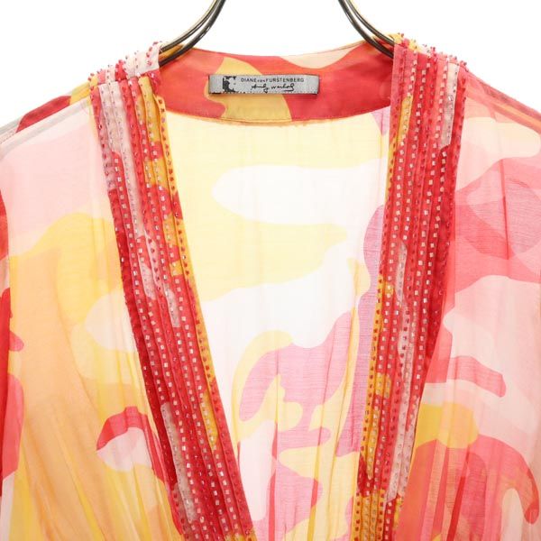DIANE VON FURSTENBERG ダイアンフォンファステンバーグ シルクブレンド 総柄 7分袖 シースルー チュニック P レッド系 レディース