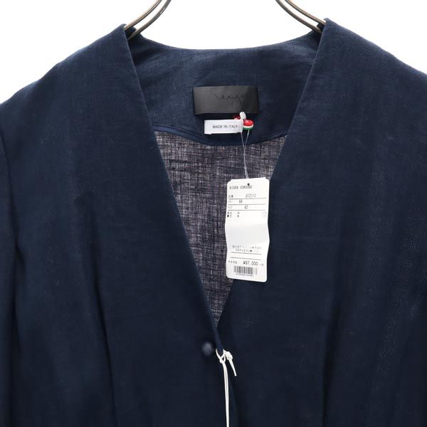 未使用 イタリア製 リネン 7分袖 Vネック ワンピース 42 紺 レディース