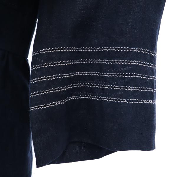 未使用 イタリア製 リネン 7分袖 Vネック ワンピース 42 紺 レディース