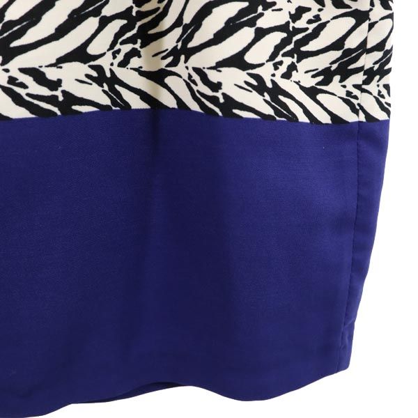 STEFANEL ステファネル ゼブラ柄 半袖 Vネック 膝丈ワンピース 白×黒×青 レディース