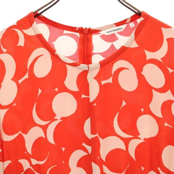 マリメッコ 花柄 7分袖 ロングワンピース 40 レッド×ベージュ marimekko レディース