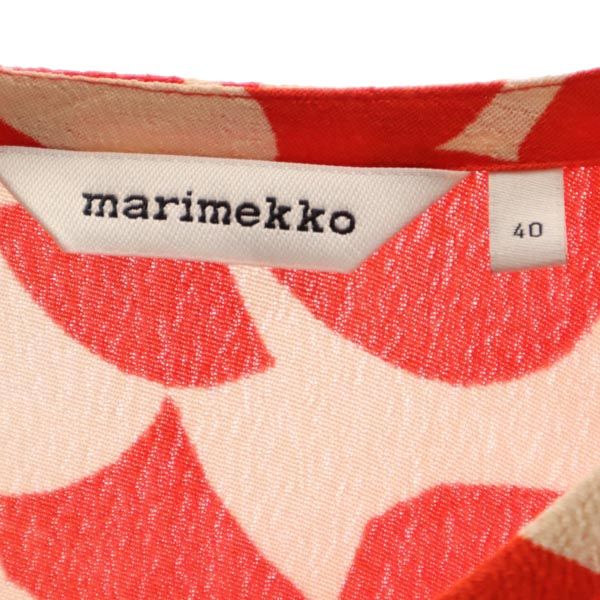 マリメッコ 花柄 7分袖 ロングワンピース 40 レッド×ベージュ marimekko レディース