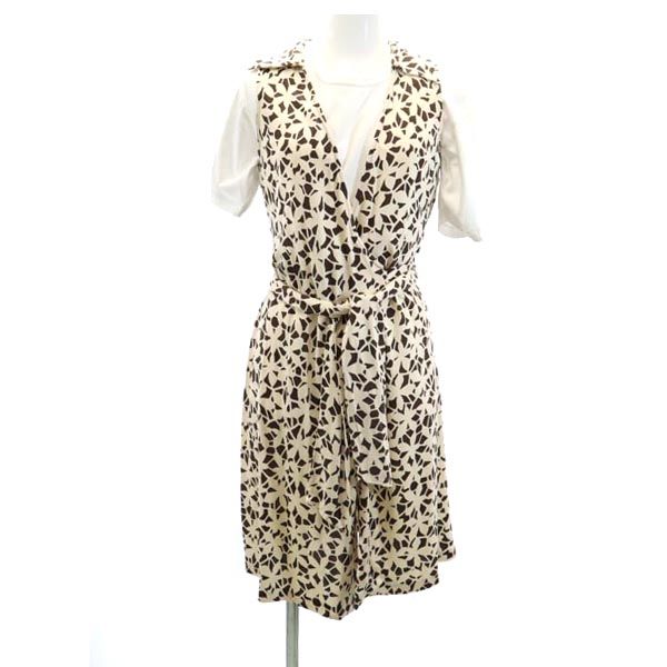 DIANE VON FURSTENBERG ダイアンフォンファステンバーグ シルク 総柄 ノースリーブ カシュクール ワンピース 4 ブラウン系 レディース