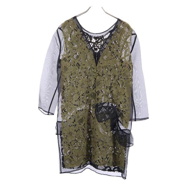 MSGM エムエスジーエム イタリア製 シルク 長袖 シアー レース ワンピース 40 カーキ×黒 レディース