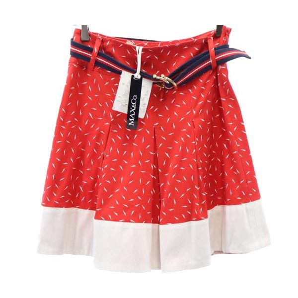 未使用 MAX&CO マックスアンドコー 総柄 ミニ丈 プリーツ フレアスカート 38 赤×白 サイドジップ レディース