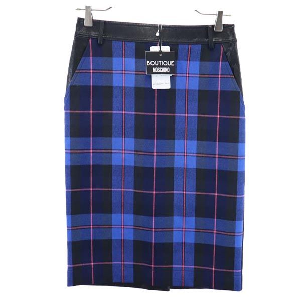 未使用 BOUTIQUE MOSCHINO ブティックモスキーノ ミディ丈 フェイクレザー スカート I 38 青系 切替 レディース