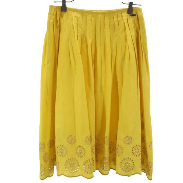TRUSSARDI トラサルディ ミディ丈 タック スカート 40 黄 裾刺繍入 レディース