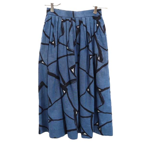 miss chloe ミスクロエ 日本製 ミディ丈 リネンブレンド フレアスカート 38 ネイビー系 レディース