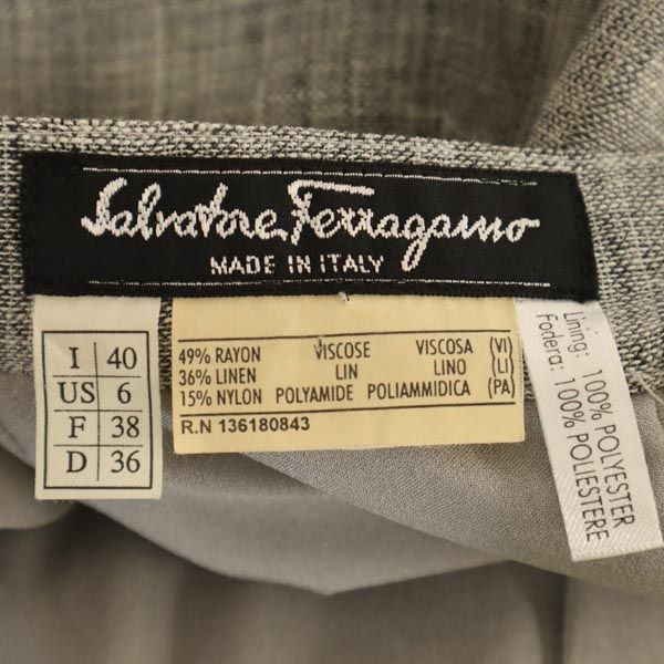 Salvatore Ferragamo サルヴァトーレフェラガモ イタリア製 ミディ丈 リネンブレンド スカート 6 グレー レディース