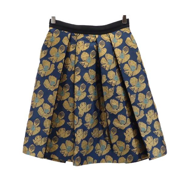 LANVIN en Bleu ランバンオンブルー 総柄 日本製 ミニ丈 プリーツスカート 38 ネイビー系 バックジップ レディース