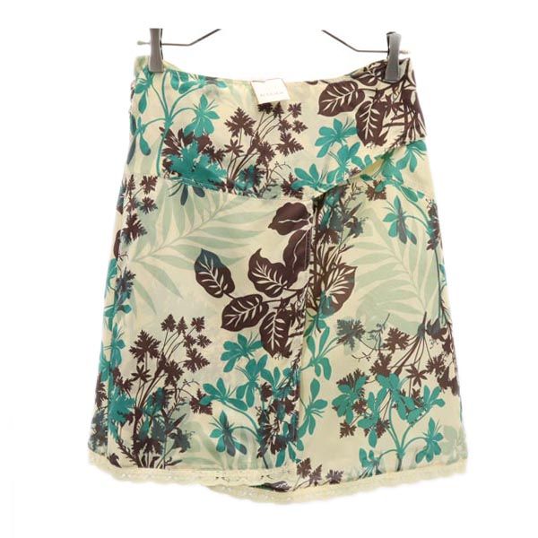 未使用 MAX&CO マックスアンドコー シルク100％ リーフフラワー柄 ミニ丈 スカート 40 ベージュ×緑×茶 レディース