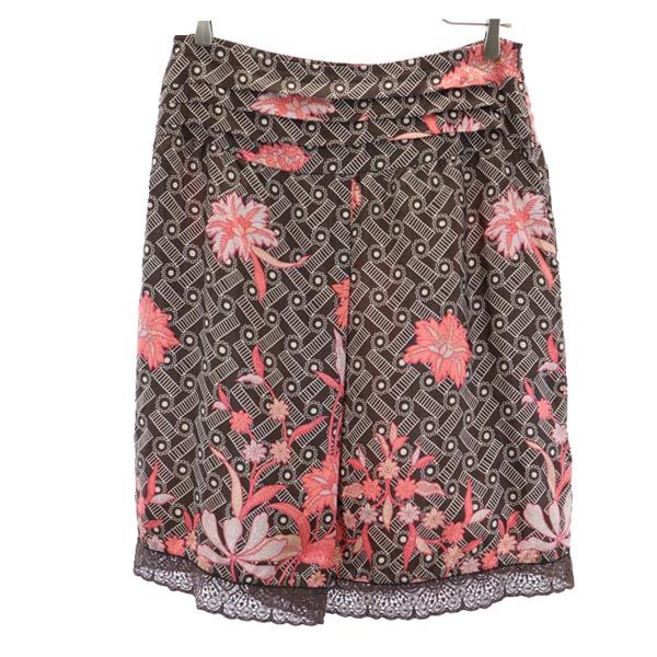 MAX&CO マックスアンドコー シルク100％ 花柄 ミディ丈 スカート 40 茶×ピンク レディース