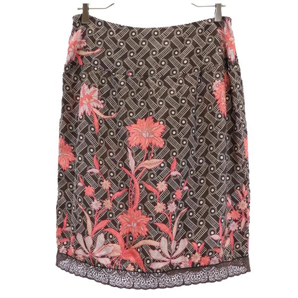MAX&CO マックスアンドコー シルク100％ 花柄 ミディ丈 スカート 40 茶×ピンク レディース