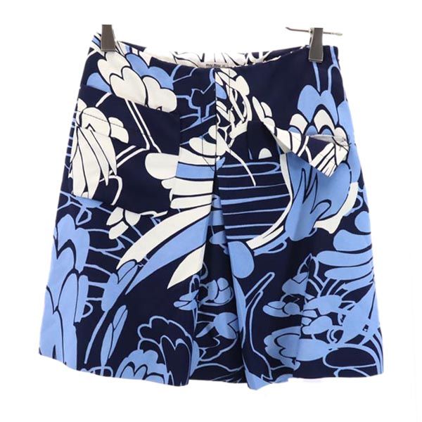 ミュウミュウ イタリア製 総柄 ミニ丈 プリーツスカート 36 ブルー系 MIUMIU サイドジップ レディース