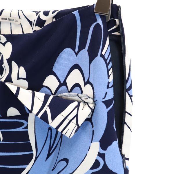 ミュウミュウ イタリア製 総柄 ミニ丈 プリーツスカート 36 ブルー系 MIUMIU サイドジップ レディース