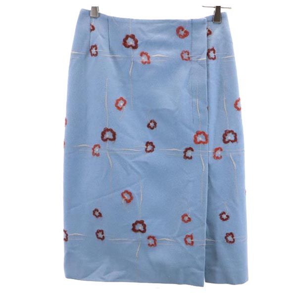 mila schon ミラショーン イタリア製 ウールブレンド 花刺繍 ミディ丈 スカート 40 ブルー系 バックジップ レディース