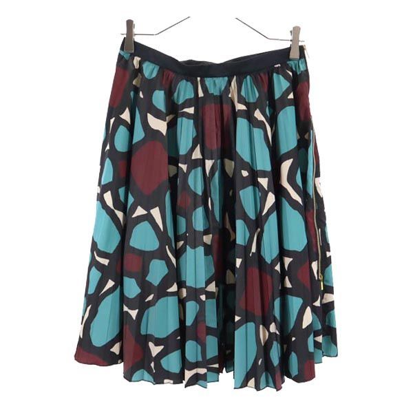 PAULE KA ポールカ 総柄 ミディ丈 プリーツスカート 38 グリーン系 サイドジップ レディース