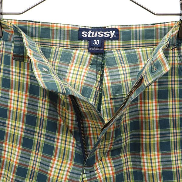 ステューシー 90s USA製 チェック柄 カーゴショートパンツ w30 グリーン系 STUSSY メンズ