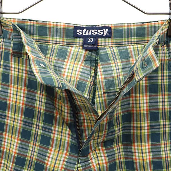 STUSSY ステューシー 90s USA製 チェック柄 カーゴショートパンツ w30 グリーン系 メンズ
